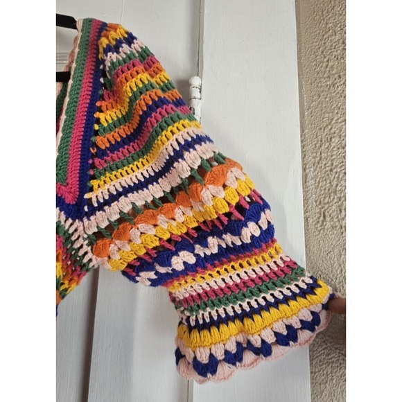 FARM RIO striped crocheted belted knit button‎ front elbow sleeves handmade Sz M - Picture 3 of 9